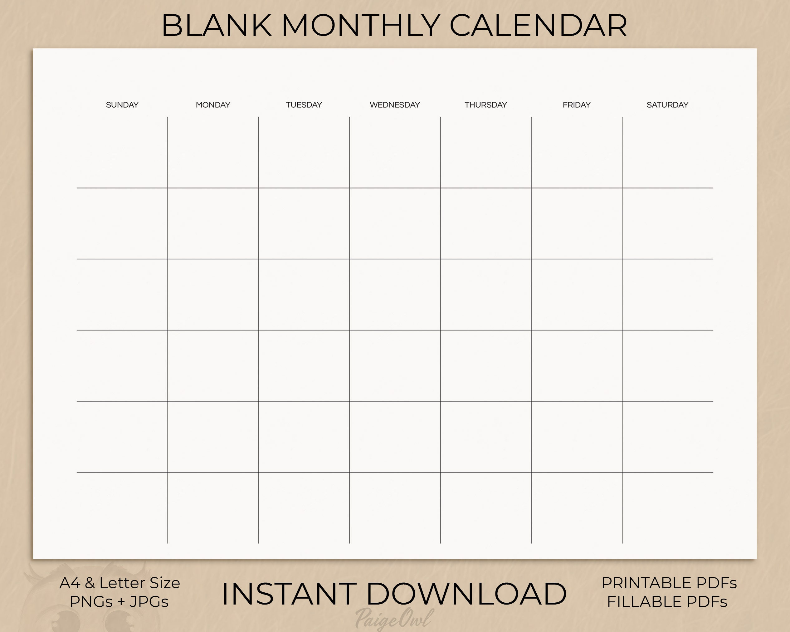 Blank Monthly Printable Calendar, Instant Download Minimalist Calendar ...