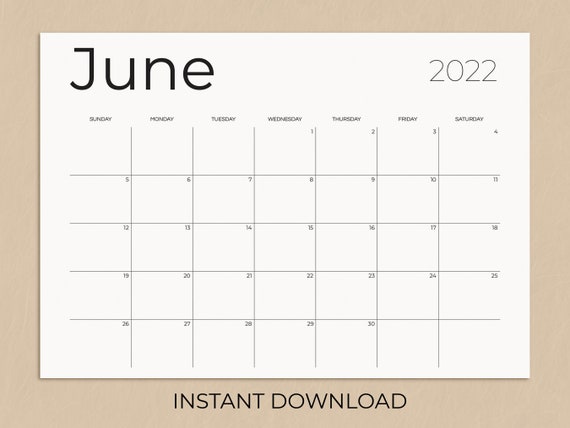 june 2022 printable calendar instant download minimalist etsy