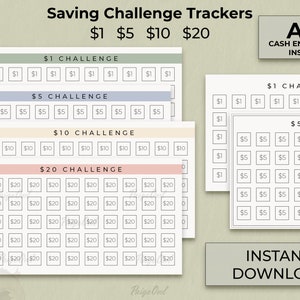 A6 Saving Challenge Tracker Insert Bundle, 1, 5, 10, and 20 dollar challenge trackers for A6 Cash Binder Envelope Savings, 3 Styles included