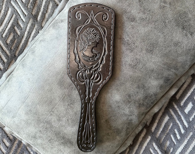 Featured listing image: Spanking Paddle Hair Brush Style | Leather Paddle | Embossed Leather Paddle Cameo | Bdsm Spanking