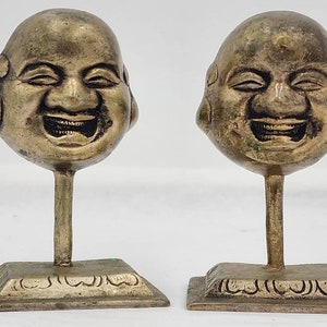 Laughing Buddha Pair Statue Figurines Brass Asian On Miniature Stand 3.5&quot;