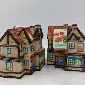 Vintage CIB Ceramic House Victorian Holiday Cookie Jars Canister Israel Set of 2