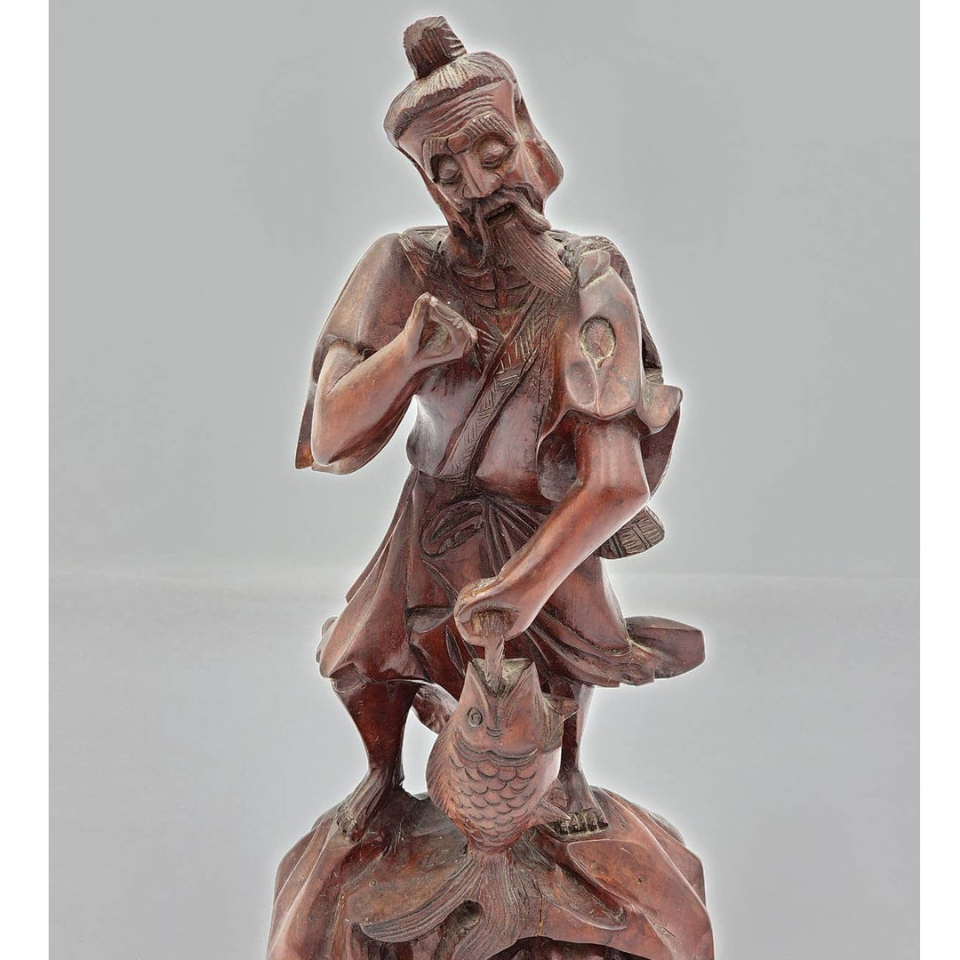 Statuette en bois pêcheur chinois - Décoration