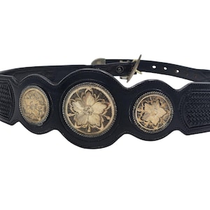 Vogt Belt Hand Tooled Steerhide Leather Sterling Silver Front Buckle Rare Vintage Western Floral Conchos Southwestern Style Mexico Size 32