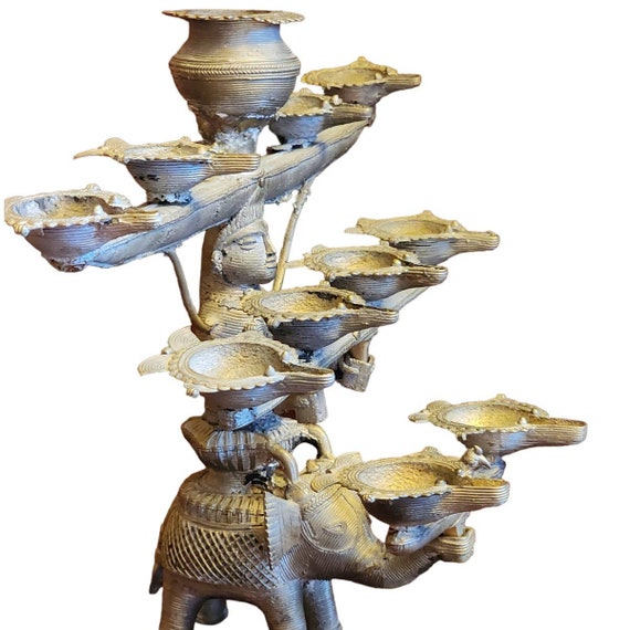 Lakshmi Riding an Elephant Oil Lamp - Early 19thC Lakshmi Riding an Elephant Oil Lamp - Early 19thC