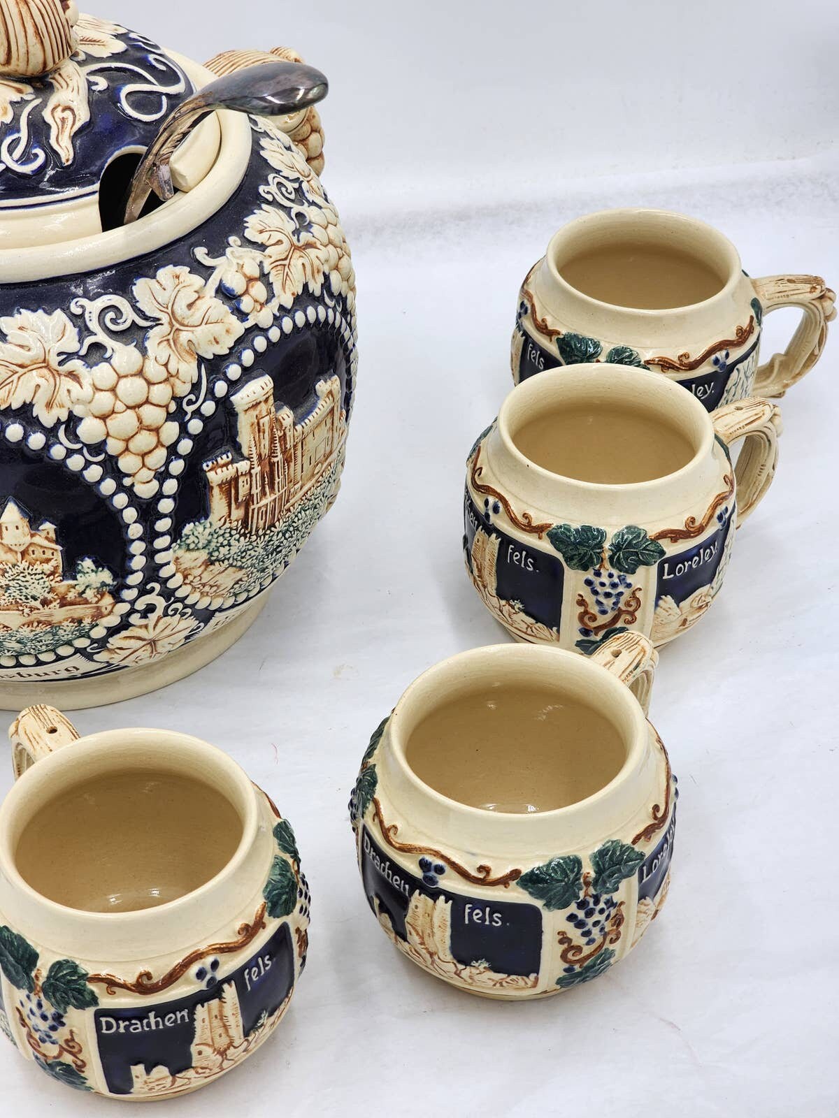 German Castle Punch Bowl Gerz 8 Pc Set Tureen Cups Mugs Set 6 Ladle Vintage Etsy