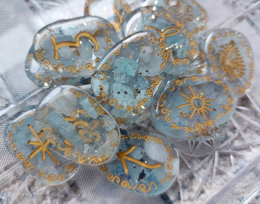 Witches Rune Crystals Aquamarine Crystal Witches Rune Set With Velvet Carrying Bag - Etsy