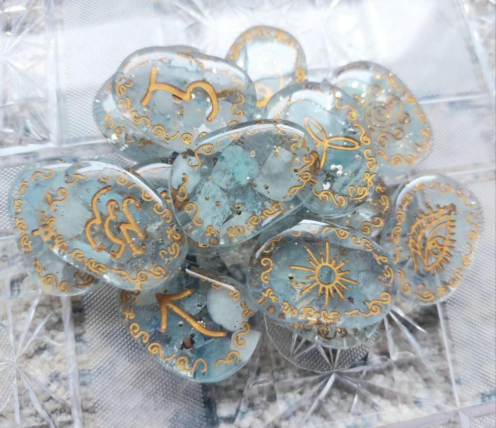 Witches Rune Crystals Aquamarine Crystal Witches Rune Set With Velvet Carrying Bag - Etsy