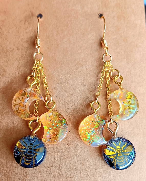 Citrine and Obsidian Bee Moon Phase Dangle Earrings 18K Gold Plated Over 925 Sterling Silver French Hooks