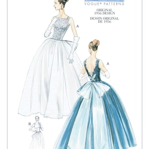 May include: Vogue Patterns V8729 vintage model original 1956 design sewing pattern illustration. The image displays a formal gown with a fitted bodice, a full skirt, and a large bow at the back waist. The design includes long gloves and a sleeveless cut.