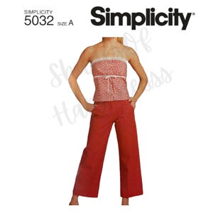 May include: Simplicity 5032 sewing pattern. The image shows a strapless top and pants. The top is red with a floral pattern and white lace trim. The pants are wide-legged and red. The Simplicity logo is in the upper right corner.