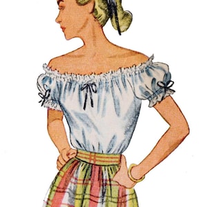 May include: Illustration of a woman in a vintage outfit. She wears an off-the-shoulder, light blue blouse with black bows and a plaid skirt in red, green, and yellow. A black bow adorns her hair, and a gold bracelet is on her wrist.
