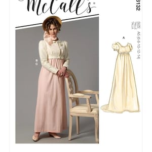 May include: McCall's M8132 sewing pattern envelope featuring a Regency-style dress with a high waist, puff sleeves, and a scoop neckline. The image displays a long pink skirt with a cream-colored cropped jacket, a straw bonnet, and a line drawing of dress A.