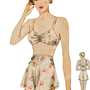 May include: Vintage-style two-piece swimsuit pattern illustration. The top is a bra with thin straps and a gathered center. The high-waisted shorts have button details and a floral print in red, blue, and green on a cream background.