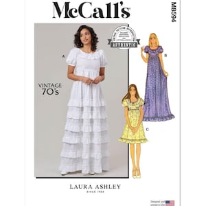 Gunne Sax Laura Ashley 1970s Mcalls M8594 women Tired Ruffled Dress Sewing Pattern, Cottagecore Style skirt new and uncut
