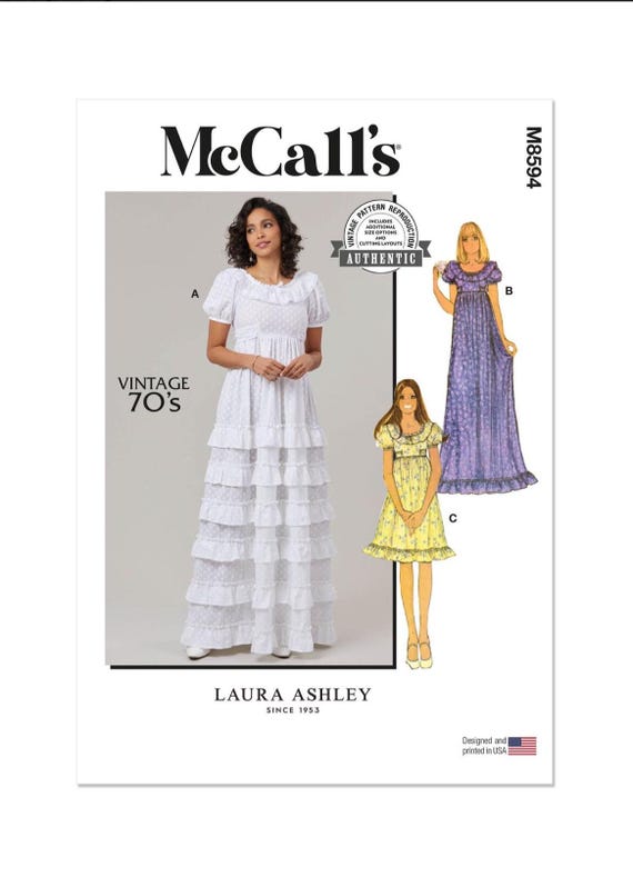 Gunne Sax Laura Ashley 1970s Mcalls M8594 women Tired Ruffled Dress Sewing Pattern, Cottagecore Style Dress, Empire Waist, new and uncut