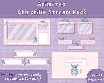 ANIMATED Cute Chinchilla Twitch Overlay Stream Pack / Stream Alert / Cute Overlay / Pink / Stinger Transition / Animated Screens