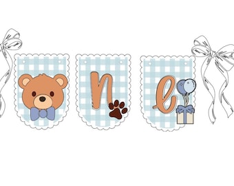 Beary First Birthday Banner, Blue Gingham High Chair Decor, Teddy Bear ONE Sign, Baby Boy 1st Birthday Cake Smash Party