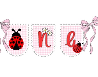 Ladybug First Birthday High Chair Banner: Pink Gingham & Daisies