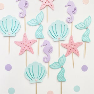 Adornos para cupcakes de sirena, decoración para fiesta de cumpleaños de sirena, decoración para fiesta submarina, primer cumpleaños de sirena, decoración para baby shower de sirena