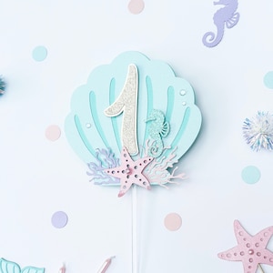Topo de bolo de aniversário de sereia de 1 ano, decoração de aniversário de 1 ano no fundo do mar, topo de bolo de sereia, decoração de festa de primeiro aniversário de sereia
