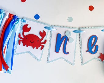 Crab Highchair Banner: Nautical First Birthday Decor - Red, White & Blue