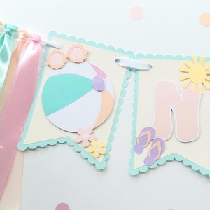 Könnte beinhalten: Ein pastellfarbenes Banner mit Strandmotiv. Das Banner zeigt einen Strandball, eine Sonnenbrille, Blumen, den Buchstaben "N", Flip-Flops und eine Sonne. Das Banner ist mit Bändern in Rosa, Grün und Weiß verziert.