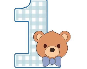 Beary First Birthday Cake Topper, Blue Gingham Number One with Teddy Bear, Vintage Little Bear 1st Birthday Party Decor
