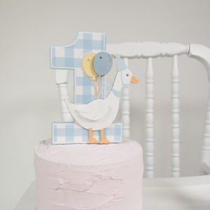 One silly Goose Cake Topper, Goose 1st Birthday, Blue Goose with Gingham Number 1, Vintage Theme Party Decor for Kids