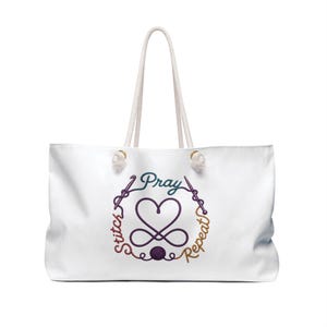 Pray Stitch Repeat Weekender Bag | Knitting needle Crochet hook Heart Design | Project Tote image 5