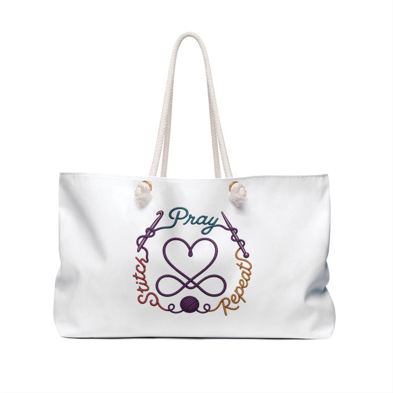Pray Stitch Repeat Weekender Bag | Knitting needle Crochet hook Heart Design | Project Tote image 5