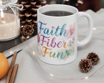 Faith, Fiber, Fun Mug | Knitting Yarn Watercolor Ceramic Mug | Gift for Knitters | Yarn Lover Gift