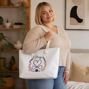Pray Stitch Repeat Weekender Bag | Knitting needle Crochet hook Heart Design | Project Tote image 1