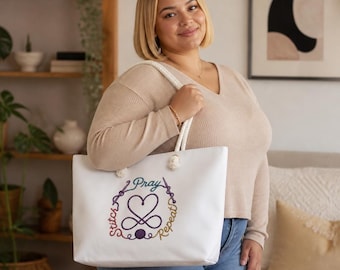 Pray Stitch Repeat Weekender Bag | Knitting needle Crochet hook Heart Design | Project Tote
