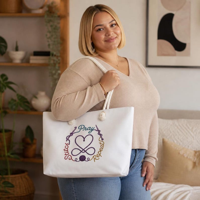 Pray Stitch Repeat Weekender Bag | Knitting needle Crochet hook Heart Design | Project Tote image 1
