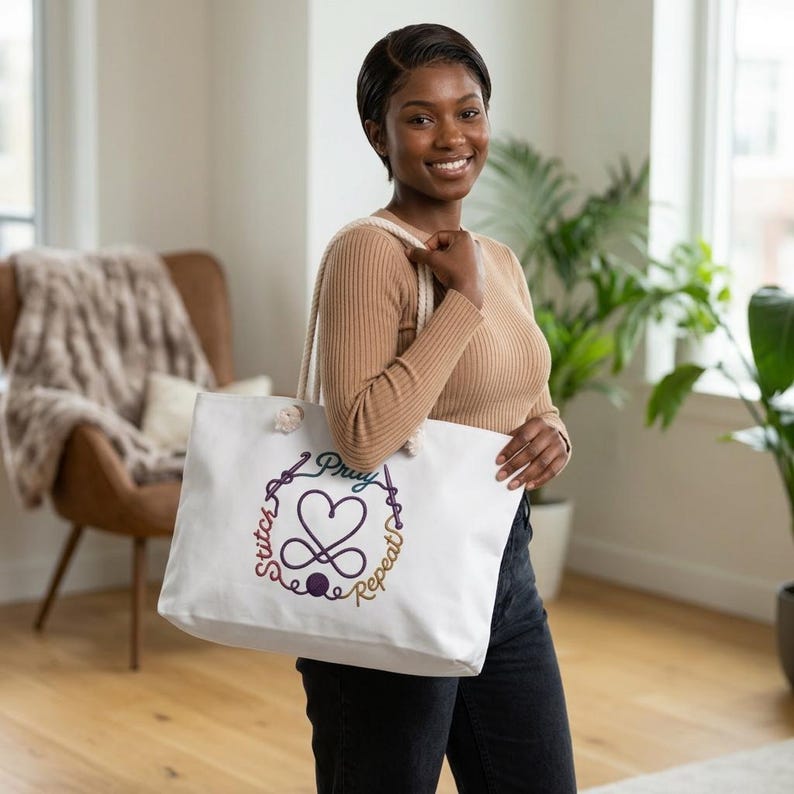 Pray Stitch Repeat Weekender Bag | Knitting needle Crochet hook Heart Design | Project Tote image 3