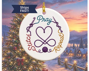 Pray Stitch Repeat Ornament | Ceramic Christmas Personalized Knitting Decoration