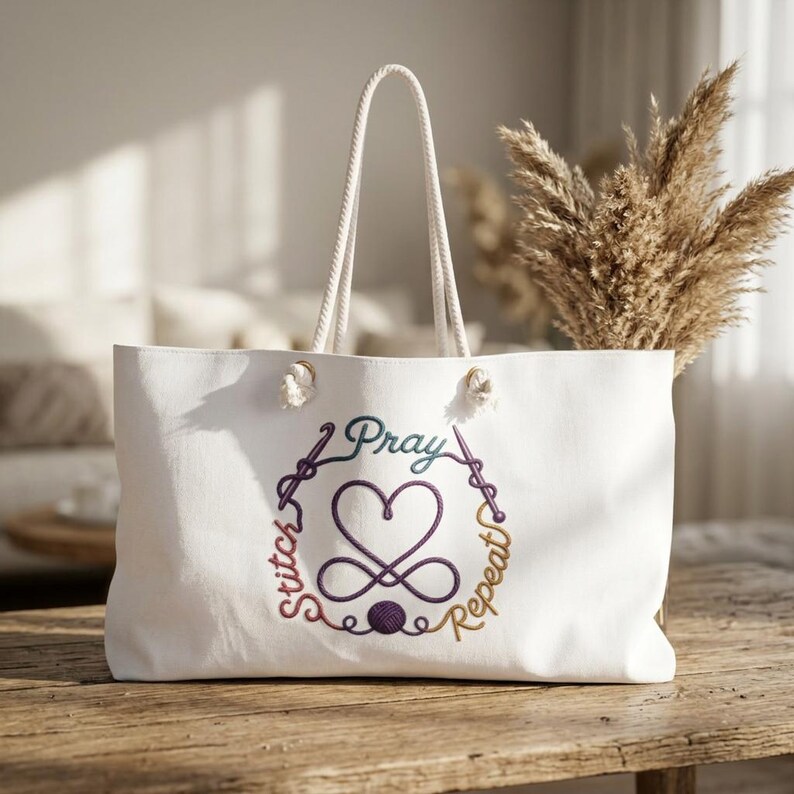 Pray Stitch Repeat Weekender Bag | Knitting needle Crochet hook Heart Design | Project Tote image 2
