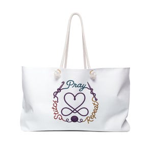 Pray Stitch Repeat Weekender Bag | Knitting needle Crochet hook Heart Design | Project Tote image 4