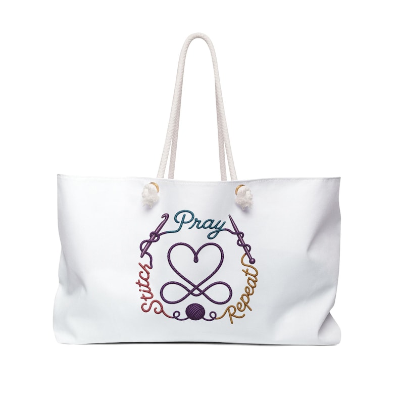 Pray Stitch Repeat Weekender Bag | Knitting needle Crochet hook Heart Design | Project Tote image 4