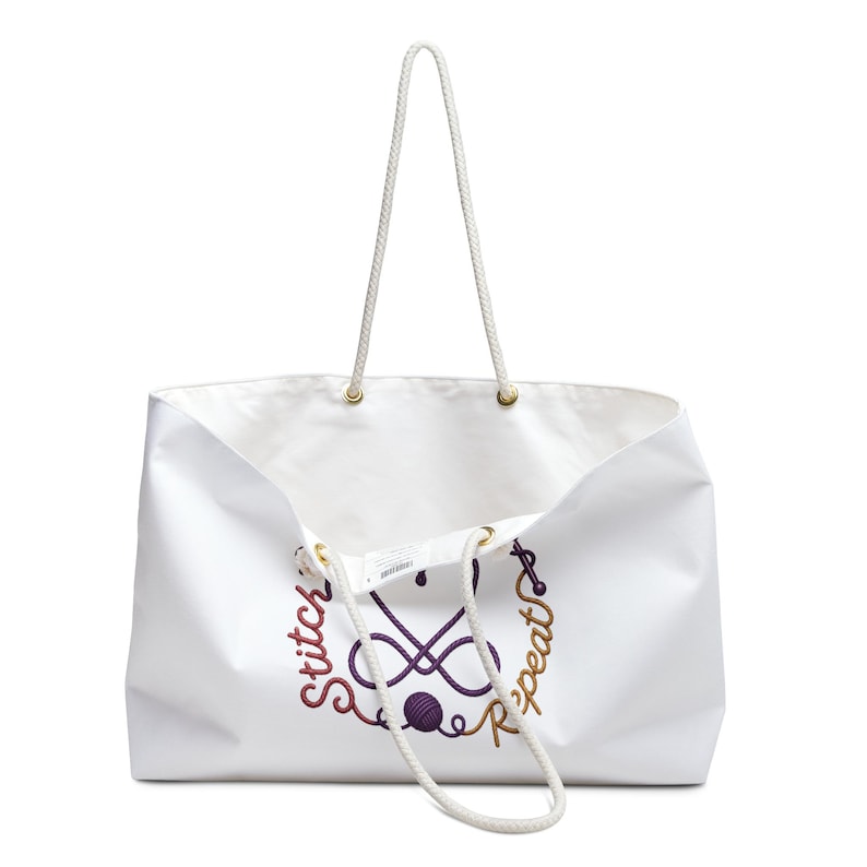 Pray Stitch Repeat Weekender Bag | Knitting needle Crochet hook Heart Design | Project Tote image 6