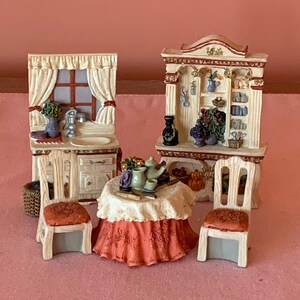 Miniature Resin Kitchen Set (Includes 5 Pieces - 2 Chairs, Table, Cabinet With Sink, Cabinet) Collectible Dollhouse Furniture