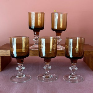 Vintage Amber Glass Liqueur/Shot Glasses With Clear Glass Pedestals (Includes 5) Barware Serving Drinks Glassware Home Entertaining