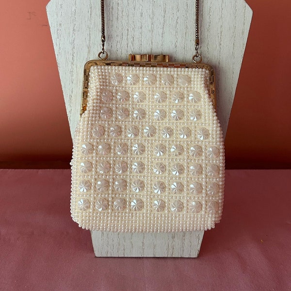 Vintage Off White/Cream Coloured Beaded Wristlet Evening Bag/Handbag/Purse With Gold Frame and Chain Golden Name Regd. Made in Hong Kong