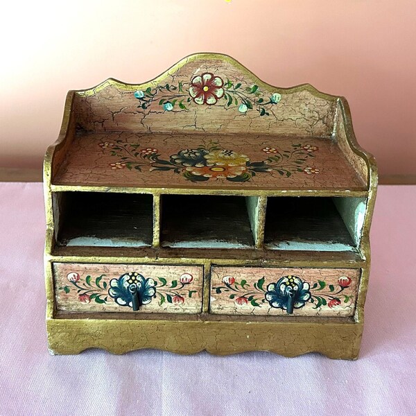 Hand Painted/Crafted Desk Size Brown Wood Buffet With 2 Drawers and 3 Cubbies Antiqued/Distressed/Crackled With Folk Art Flower Pattern