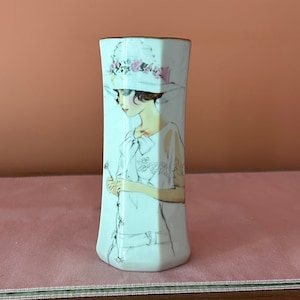 Vintage White Small Porcelain Vase With Pretty Girl Image Made in Japan Home Decor Collectible Flower Holder