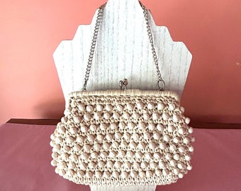 Vintage Glo-Bell Crema/Bianco sporco con perline/Intrecciato Borsa da polso colorata Borsa a catena Bracciale con chiusura a bacio Made in Japan