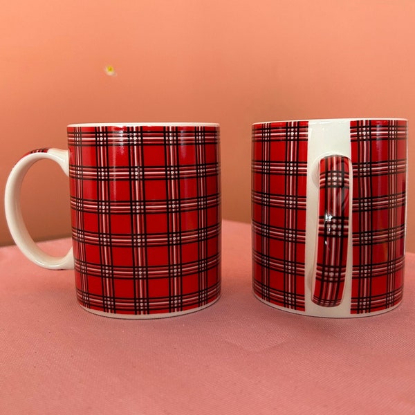 Lauren Taylor London Red Plaid/Checkered With White/Black Lines Mug Set (Includes 2) Coffee/Tea Mug Holiday Decor Holiday Mugs Collectible