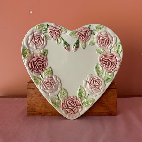 Vintage Heart Shaped Ceramic Decorative Plate Decorated with Pink Roses Made in Portugal Home Decor Rose Lover