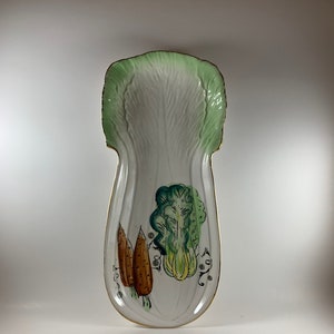 Vintage Lettuce Leaf Shaped Serving Platter with Gold Trim Ceramic Hand Painted Carrot/Lettuce Design Kitchenware Japan